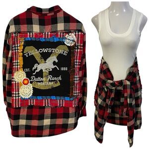 Upcycled Flannel Shirt Womens 1X Dutton Ranch Western Grunge Shacket Rock Art